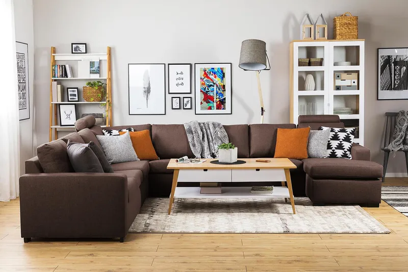 Crazy 7-seters Vendbar U-formet XX-Large Hjørnesofa med Divan i Stoff - Brun - Møbler - Sofaer - Hjørnesofaer - Hjørnesofa med divan