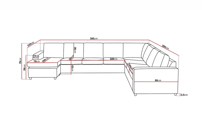 Crazy 7-seters Vendbar U-formet XX-Large Hjørnesofa med Divan i Stoff - Mørk grå / Antrasitt - Møbler - Sofaer - Hjørnesofaer - Hjørnesofa med divan