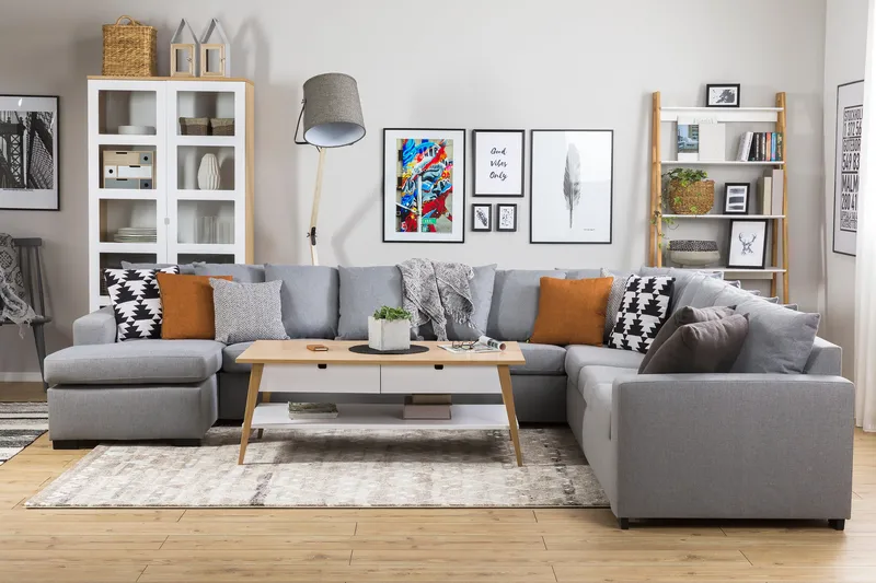 Crazy 7-seters Venstrevendt U-formet XX-Large Hjørnesofa med Divan i Stoff - Grå - Møbler - Sofaer - Hjørnesofaer - Hjørnesofa med divan