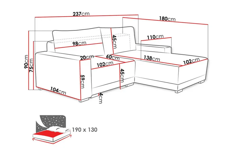 Denegal 3-seter Venstrevendt Sofa med Sjeselong 237 cm med Oppbevaring i Fløyel - Beige - Møbler - Sofaer - Sofaer med sjeselong - 3 seters sofa med divan