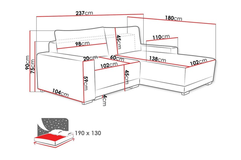 Denegal 3-seter Venstrevendt Sofa med Sjeselong 237 cm med Oppbevaring i Fløyel - Grå - Møbler - Sofaer - Sofaer med sjeselong - 3 seters sofa med divan