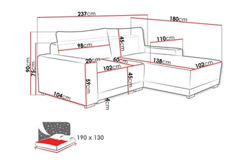Denegal 3-seter Venstrevendt Sofa med Sjeselong 237 cm med Oppbevaring i Fløyel - Kremhvit - Møbler - Sofaer - Sofaer med sjeselong - 3 seters sofa med divan