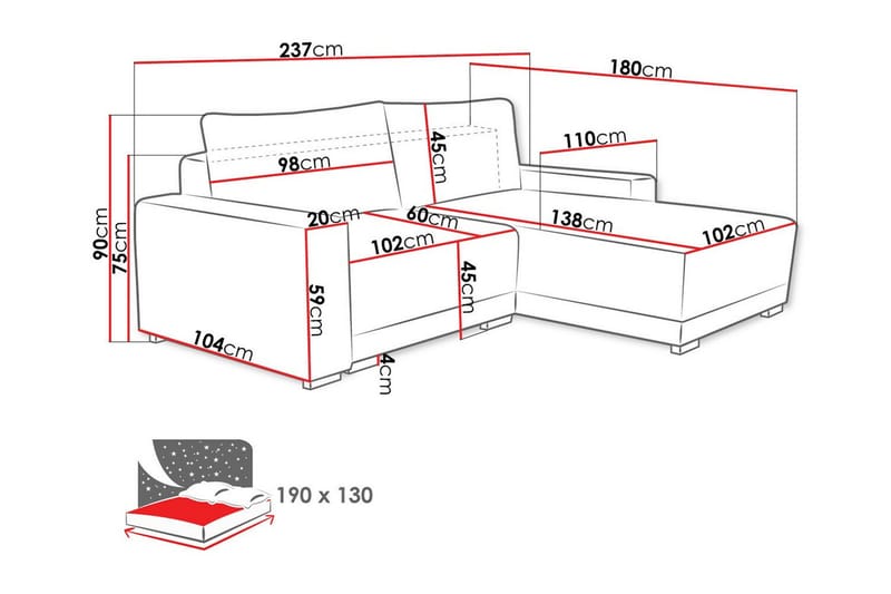 Denegal 3-seter Venstrevendt Sofa med Sjeselong 237 cm med Oppbevaring i Fløyel - Kremhvit - Møbler - Sofaer - Sofaer med sjeselong - 3 seters sofa med divan