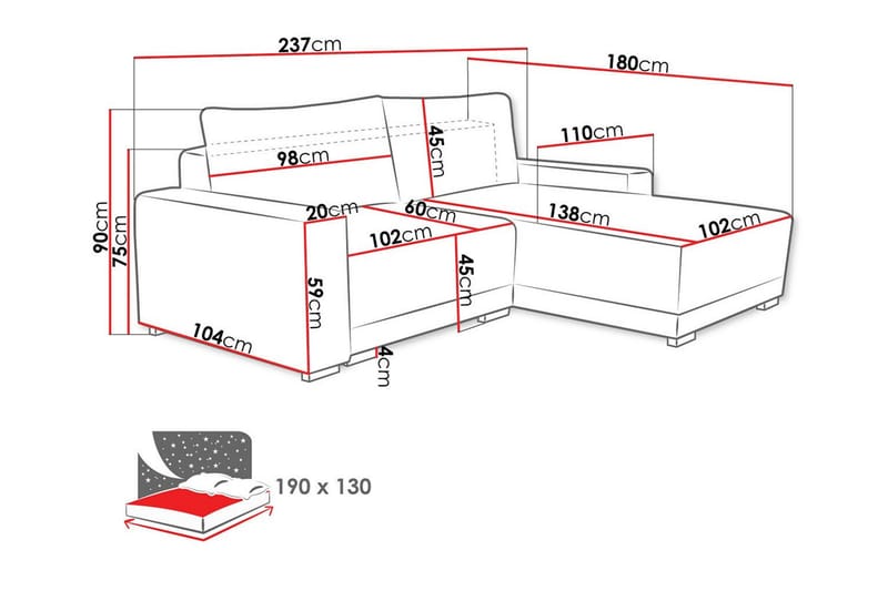 Denegal 3-seter Venstrevendt Sovesofa 130x190 cm med Oppbevaring i Fløyel - Grå - Møbler - Sofaer - Sovesofaer - Sovesofa divan