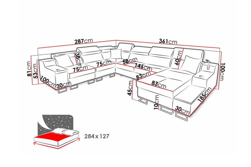 Galbally 5-sits Hörnsoffa NO_BRAND Black - Møbler - Sofaer - Sovesofaer - Langsgående sovesofa