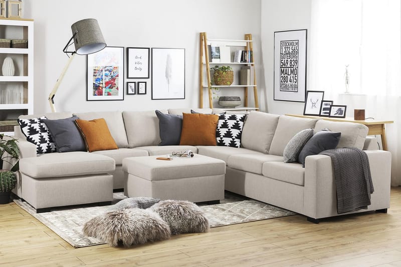Crazy 6-seters Venstrevendt U-formet Large Hjørnesofa med Divan i Stoff - Beige - Møbler - Sofaer - Hjørnesofaer
