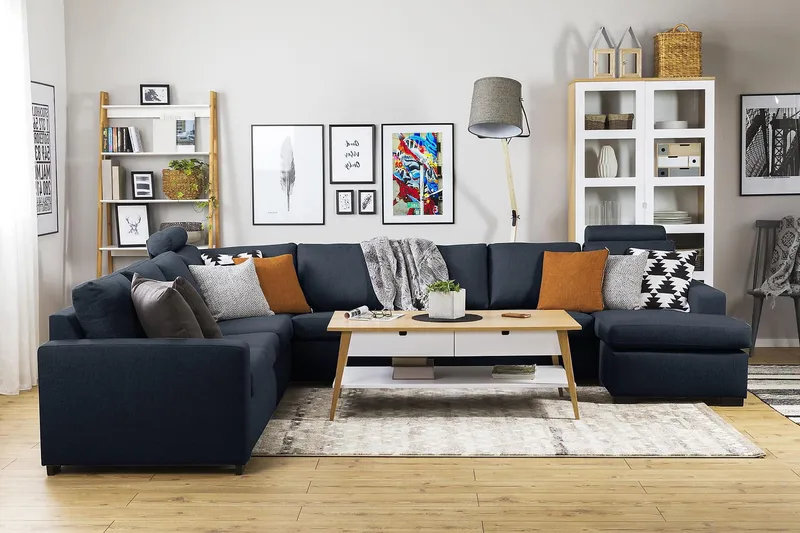 Crazy 7-seters Høyrevendt U-formet XX-Large Hjørnesofa med Divan i Stoff - Mørkeblå - Møbler - Sofaer - Hjørnesofaer - Hjørnesofa med divan