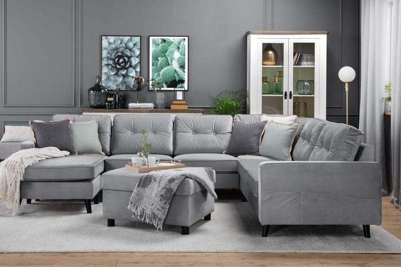Monroe 5-seters Vendbar U-formet Hjørnesofa med Divan i Fløyel - Lys grå - Møbler - Sofaer - Hjørnesofaer - Hjørnesofa med divan