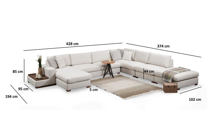 Huelva 6-seter U-formet Hjørnesofa med Divan i Stoff - Kremhvit - Møbler - Sofaer - Hjørnesofaer - Hjørnesofa med divan