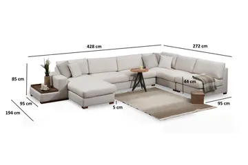 Huelva 6-seter Venstrevendt U-formet Hjørnesofa med Divan i Stoff - Benhvit - Møbler - Sofaer - Hjørnesofaer - Hjørnesofa med divan