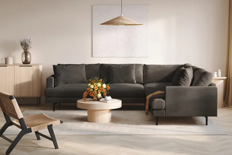 Menard 6-seters Høyrevendt L-formet Hjørnesofa i Manchester - Mørk grå - Møbler - Sofaer - Hjørnesofaer