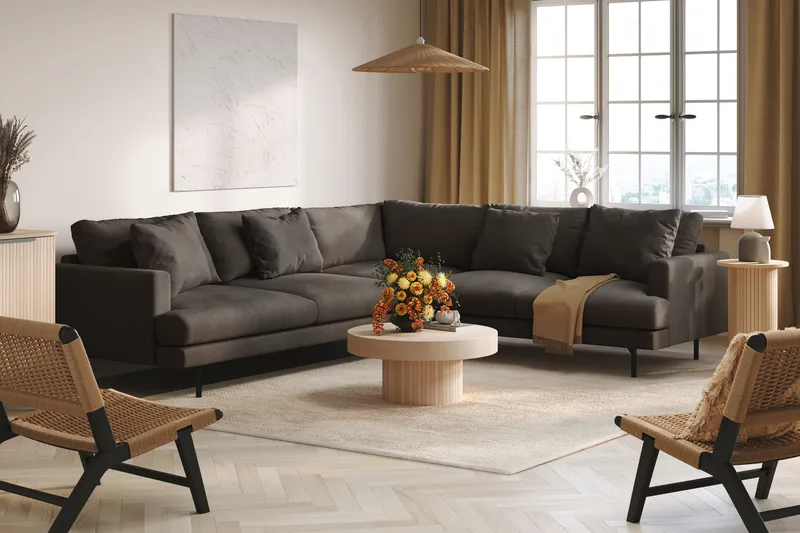 Menard 6-seters Høyrevendt L-formet Hjørnesofa i Manchester - Mørk grå - Møbler - Sofaer - Hjørnesofaer