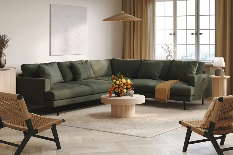 Menard 6-seters Høyrevendt L-formet Hjørnesofa i Manchester - Mørk grønn - Møbler - Sofaer - Hjørnesofaer