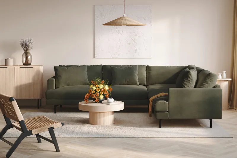 Menard 6-seters Høyrevendt L-formet Hjørnesofa i Manchester - Mørk grønn - Møbler - Sofaer - Hjørnesofaer