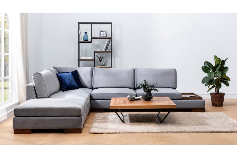 Sofa med sjeselong Nathalie med krakk Venstre - Mørkegrå/Natur - Møbler - Sofaer - Hjørnesofaer