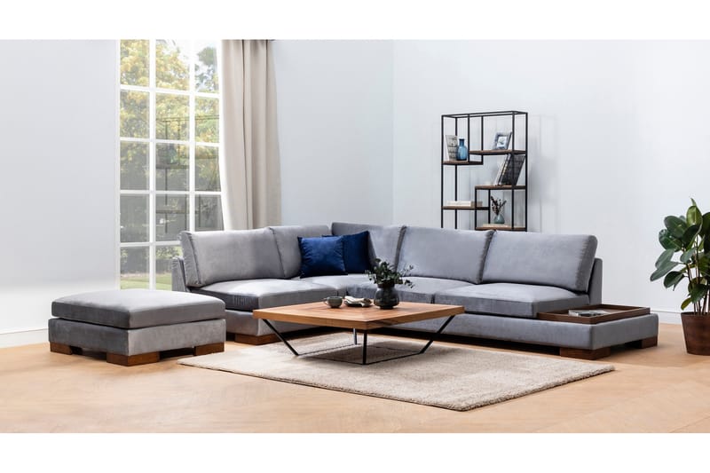 Sofa med sjeselong Nathalie med krakk Venstre - Mørkegrå/Natur - Møbler - Sofaer - Hjørnesofaer
