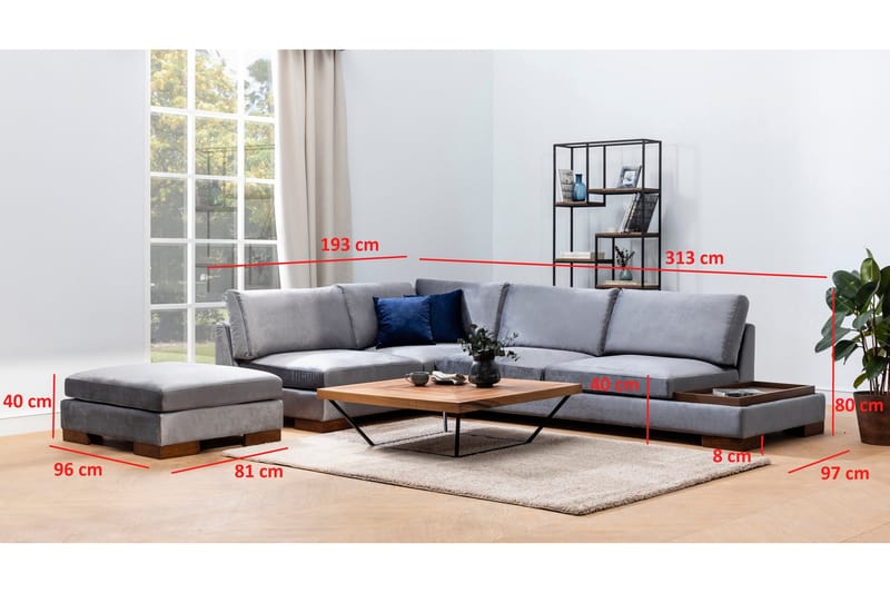 Sofa med sjeselong Nathalie med krakk Venstre - Mørkegrå/Natur - Møbler - Sofaer - Hjørnesofaer