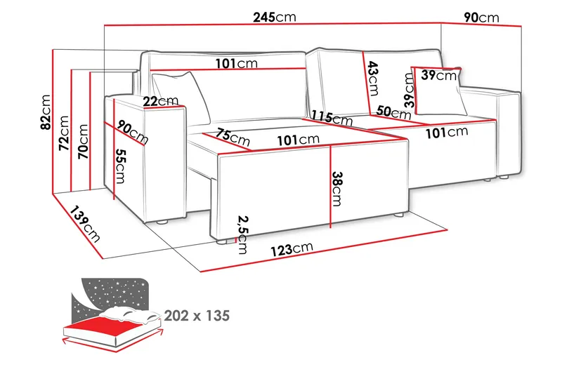 Hobson 3-seter Sovesofa 245 cm med Oppbevaring i Manchesterstoff - Blå - Møbler - Sofaer - 3 seter sofa
