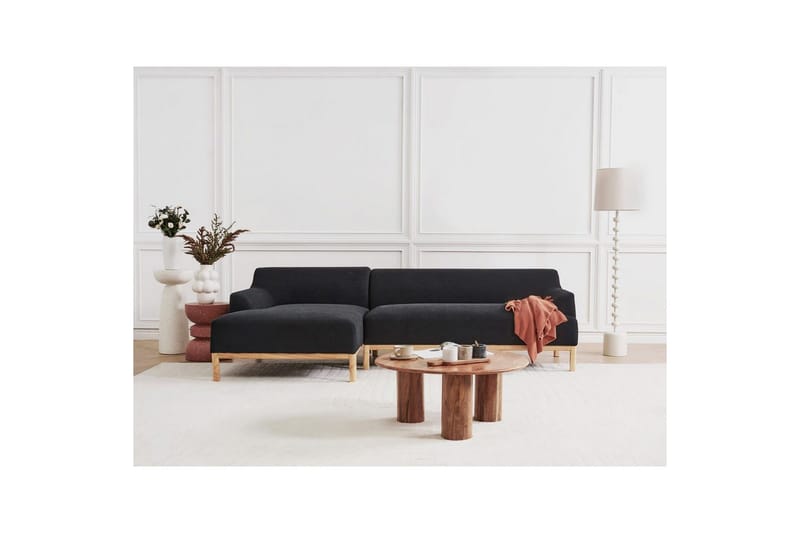 Hörnsoffa Beliani Sosjo Beige, ljust trä, Högervänd Black||Light colored wood Left-faced - Møbler - Sofaer - Sofaer med sjeselong