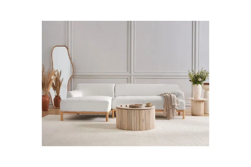 Hörnsoffa Beliani Sosjo Beige, ljust trä, Högervänd White||Light colored wood Left-faced - Møbler - Sofaer - Sofaer med sjeselong