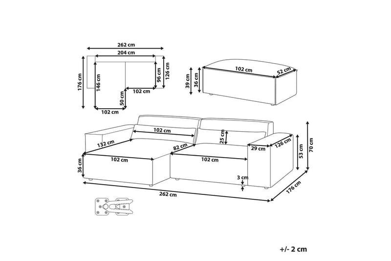 Hörnsoffa med fotpall Hellnar Grå, Högervänd NO_BRAND Grey Left-faced - Møbler - Sofaer - Sofaer med sjeselong - 2 seters sofa med divan
