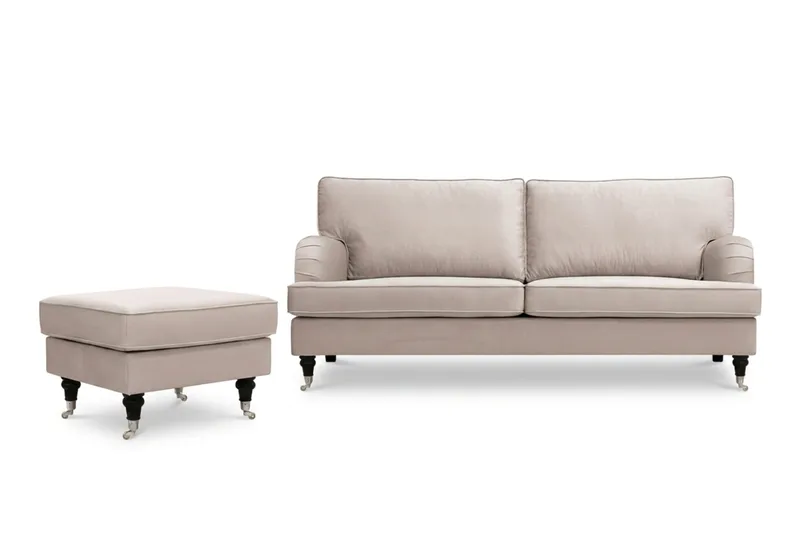 Howard Classic sofagruppe 3-seters sofa og fotskammel i fløyel, Beige