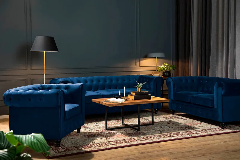 Chesterfield Lyx 2-seter Liten fløyelssofa – Dyp sofa 160 cm bred - Blå - Møbler - Sofaer - Howard-sofaer