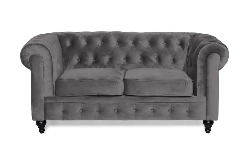 Chesterfield Lyx 2-seter Liten Fløyelssofa – Dyp sofa 160 cm bred, Mørkgrå / Grå