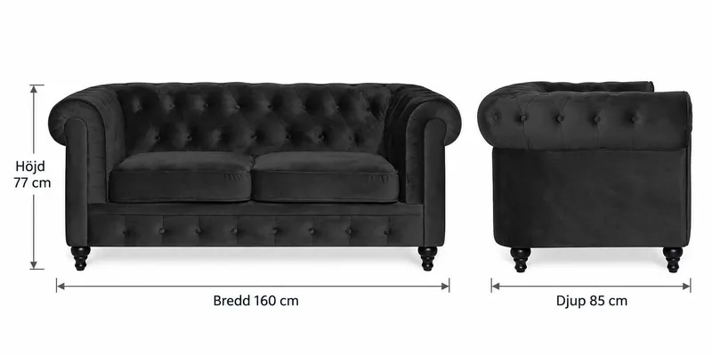 Chesterfield Lyx 2-seter Liten fløyelssofa – Dyp sofa 160 cm bred - Svart - Møbler - Sofaer - Howard-sofaer