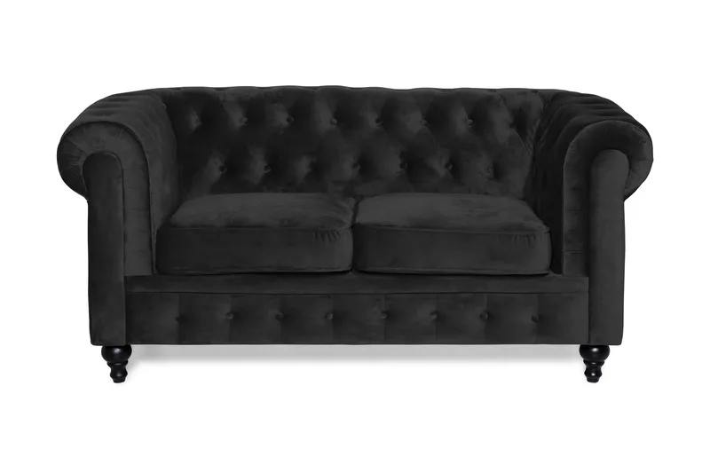 Chesterfield Lyx 2-seter Liten fløyelssofa – Dyp sofa 160 cm bred, Svart