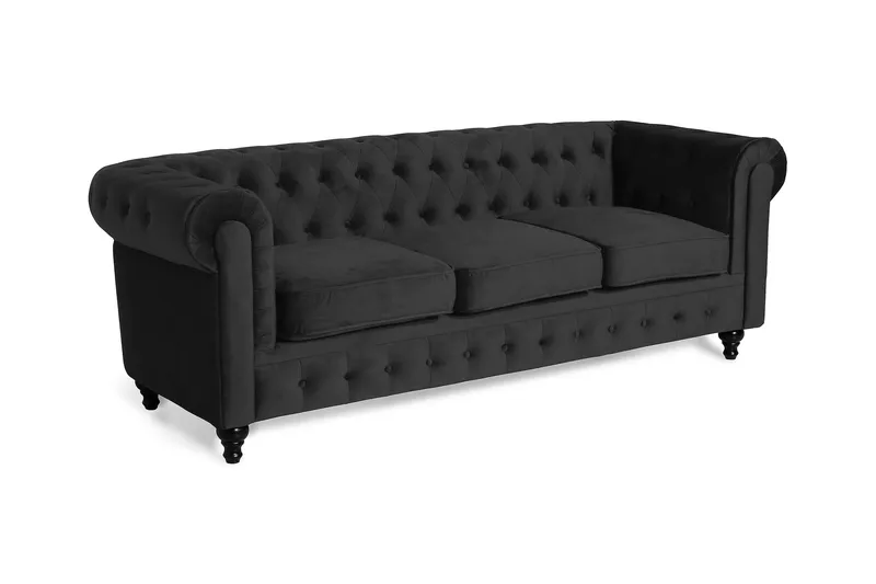 Chesterfield Lyx 3-seter Fløyelssofa – Dyp sofa - Svart - Møbler - Sofaer - Howard-sofaer
