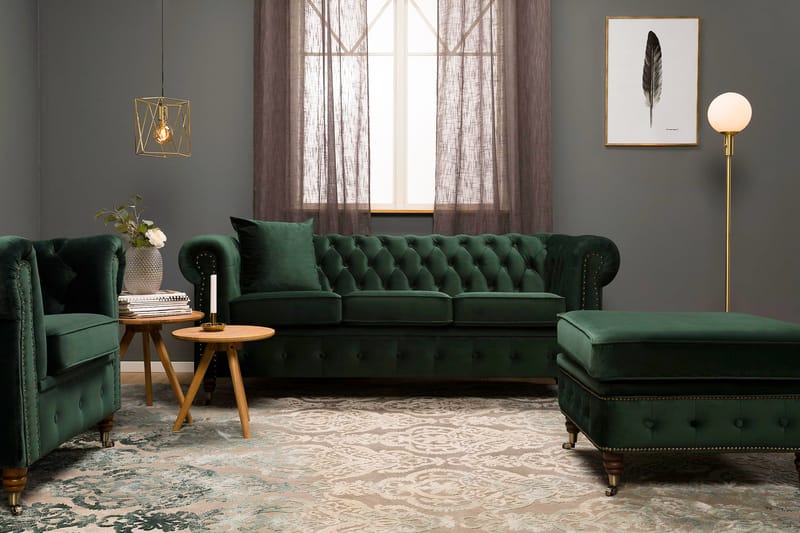 Fløyelssofa Chester Deluxe 3-seter - Mørkgrønn - 3 seter sofa - Fløyelssofaer - Howard-sofaer - Chesterfield sofaer