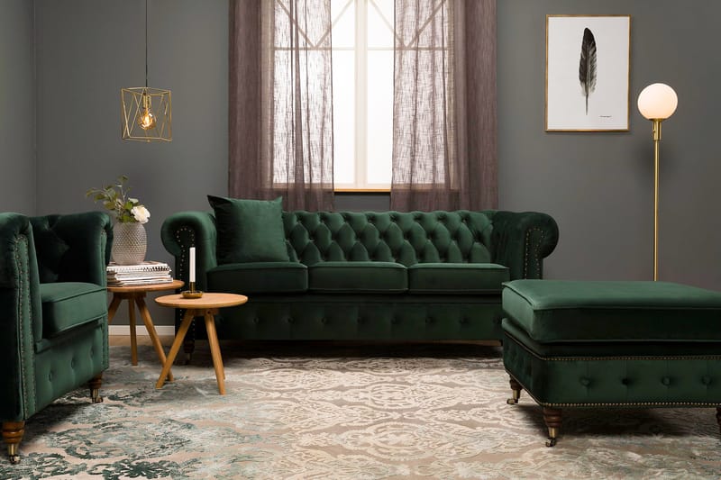 Fløyelssofa Chester Deluxe 3-seter - Mørkgrønn - 3 seter sofa - Howard-sofaer - Fløyelssofaer - Chesterfield sofaer