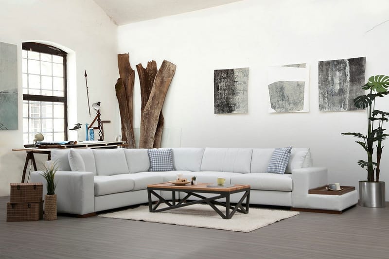 Huelva Høyrevendt L-formet Hjørnesofa 363 cm i Stoff med Sidebord - Lyseblågrå - Møbler - Sofaer - Hjørnesofaer
