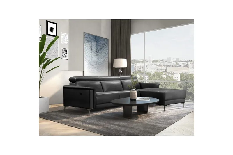 Lund 3-seter Høyrevendt Hjørnesofa med Recliner og Sjeselong i Ekte Lær - Grå - Møbler - Sofaer - Reclinersofaer
