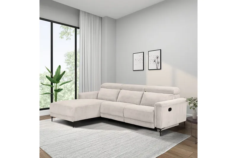 Lund 3-seter Venstrevendt Hjørnesofa med Recliner og Nakkestøtte i Kordfløyel - Hvit - Møbler - Sofaer - Reclinersofaer