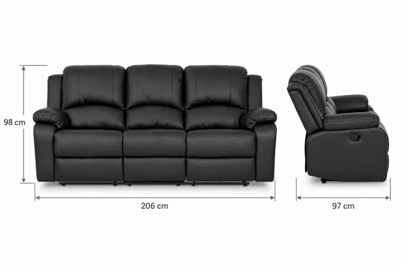 Norbo Skjønn Reclinersofa 3-seter Kunstskinn - Fällbar sofa - Kinosofa - Svart - Møbler - Sofaer - Reclinersofaer