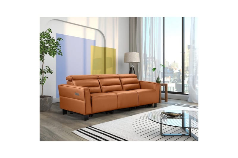 Reclinersofa uten hjørne Loft24 Sofa 3-seter Loft24 Carpari med 2 elektriske reclinere Brun Kunstskinn - Møbler - Sofaer - Reclinersofaer