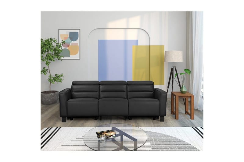Reclinersofa uten hjørne Loft24 Sofa 3-seter Loft24 Carpari med 2 elektriske reclinere Svart Kunstskinn - Møbler - Sofaer - Reclinersofaer