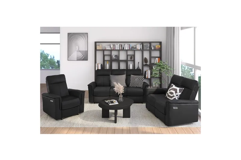Sofa 3-seter Southbrook Svart, Ekte skinn/PU/Tre/Metall, Elektrisk recliner - Svart, Ekte skinn/PU/Tre/Metall, Elektrisk recliner - Møbler - Sofaer - Reclinersofaer