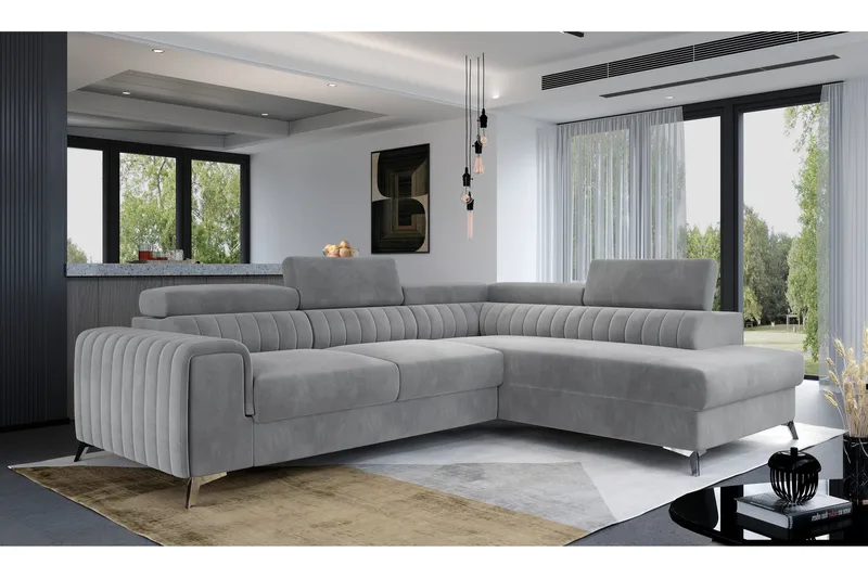 Laurece 4-seter Høyrevendt L-formet Sovesofa 125x210 cm i Plysj, Grå