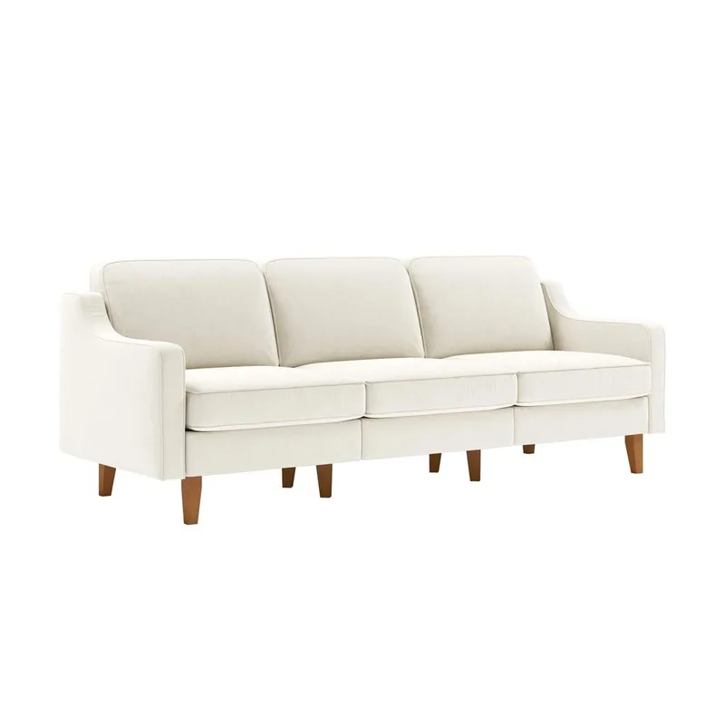 Lorvas 3-seter Dyp Sofa med Buede Armlener i Stoff med Trebein, Kremhvit
