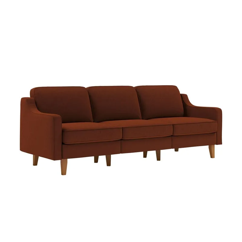 Lorvas 3-seter Dyp Sofa med Buede Armlener i Stoff med Trebein, Rød