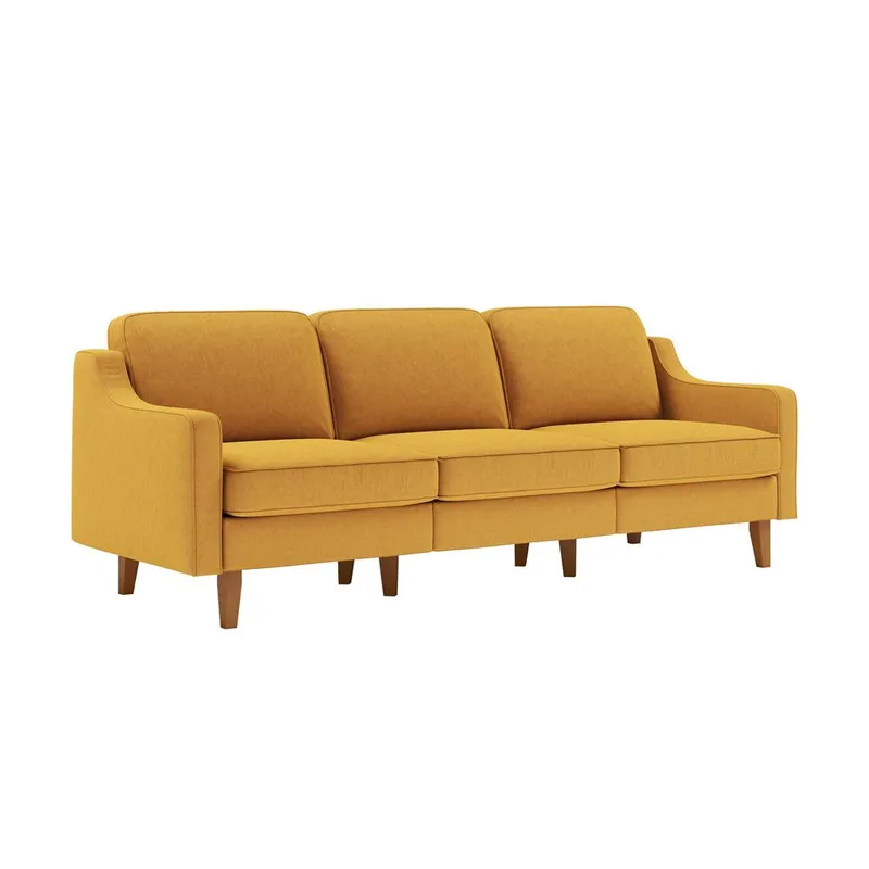 Lorvas 3-seter Dyp Sofa med Buede Armlener i Stoff med Trebein, Sennepsgul