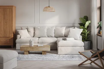 Menard Sofagruppe 4-seters Høyrevendt L-formet Sjeselongsofa + Lenestol i Bouclé - Hvit - Møbler - Sofaer - Sofagrupper