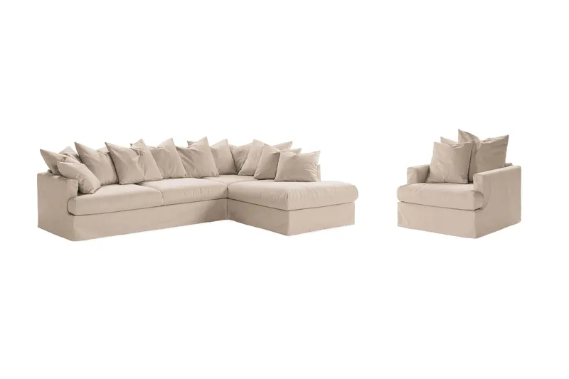 Menard Sofagruppe 4-seters Høyrevendt L-formet Sjeselongsofa + Lenestol i Stoff, Beige