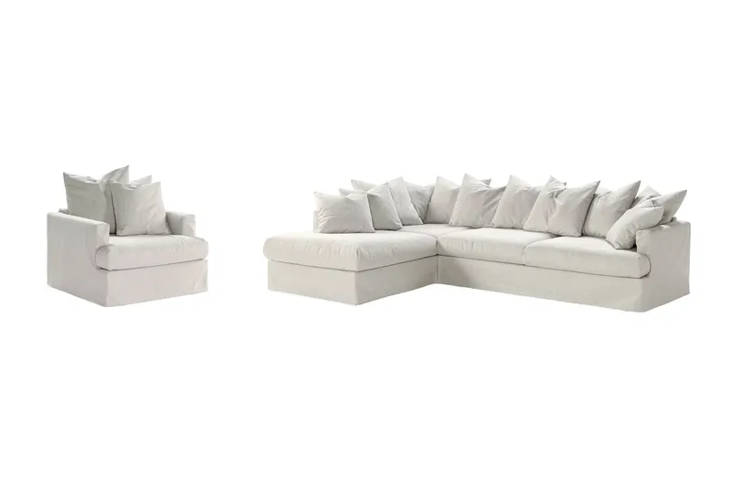 Menard Sofagruppe 4-seters Venstrevendt L-formet Sjeselongsofa + Lenestol i Stoff, Lys grå