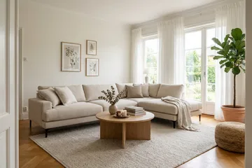 Menard Premium 5-seters høyrevendt L-formet dyp sjeselongsofa i stoff - Beige - Møbler - Sofaer - Sofaer med sjeselong