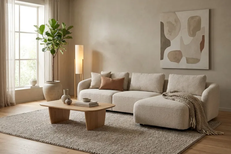 Milano avrundet 5-seters høyrevendt L-sofa med lav rygg i beige bouclé - Møbler - Sofaer - Sofaer med sjeselong