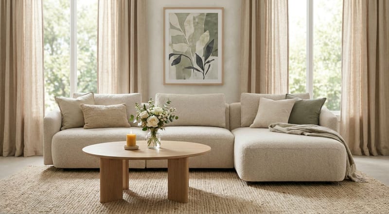 Milano avrundet 5-seters høyrevendt L-sofa med lav rygg i beige bouclé - Møbler - Sofaer - Sofaer med sjeselong